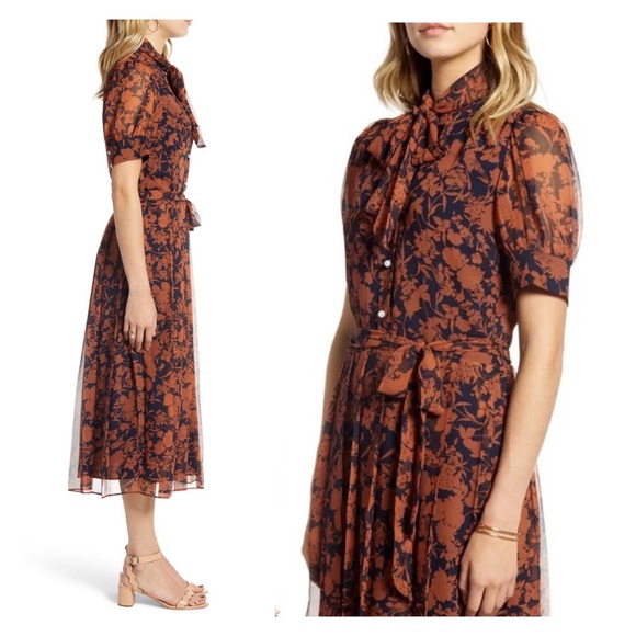 1901 Floral Print Pearl Button Pleated Chiffon Midi Dress L - Picture 13 of 13